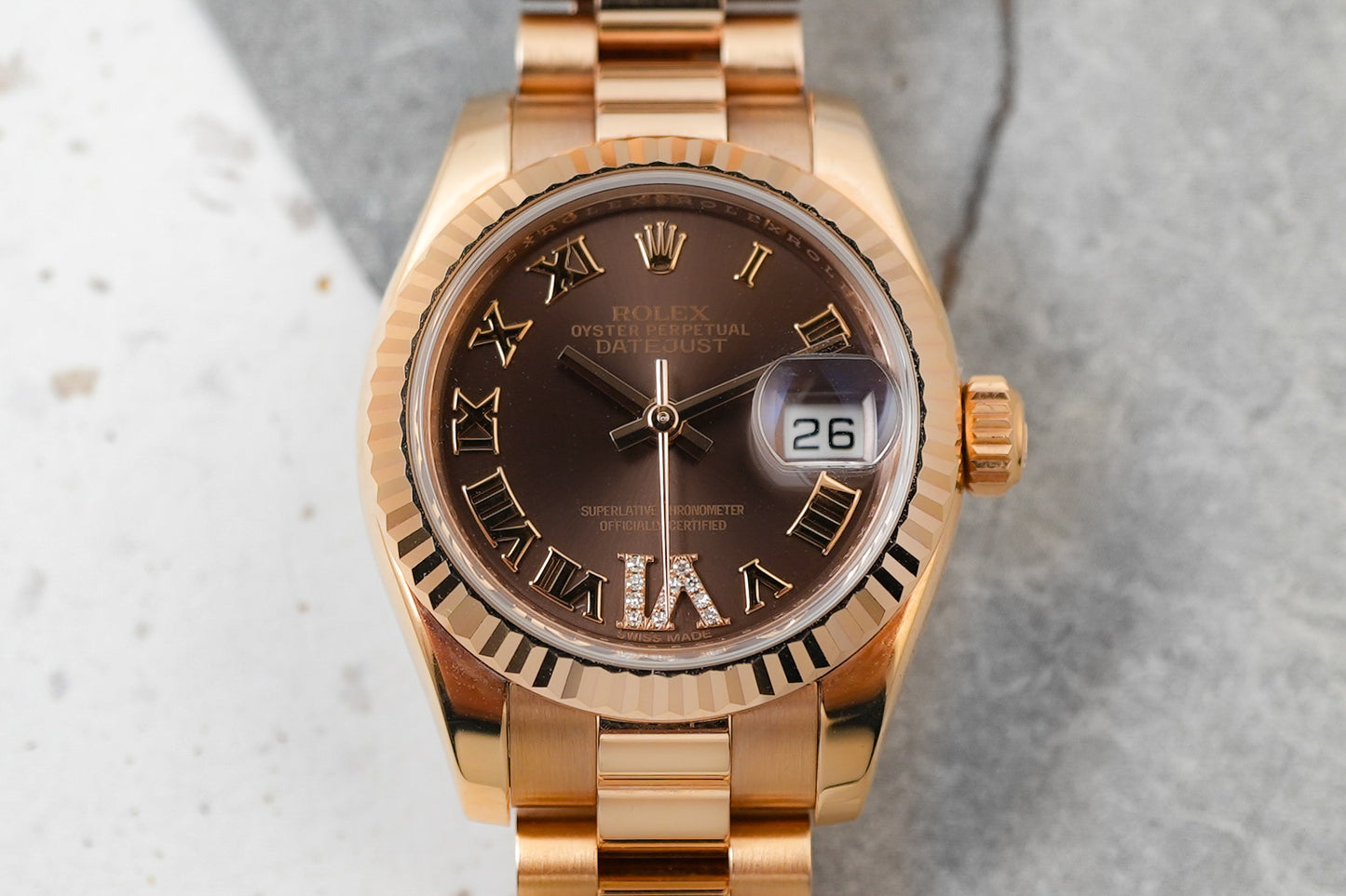 Rolex Datejust Ladies 26mm Roman Factory Diamonds Chocolate Dial in 18K Solid Rose Gold Lady 179175