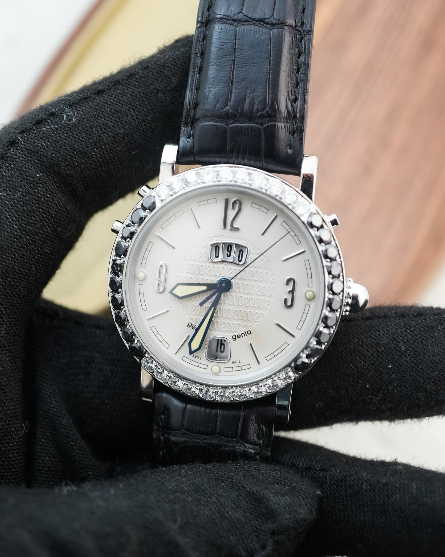 Gerald Genta Backtimer in 18k Solid White Gold with Factory Diamonds G.3806