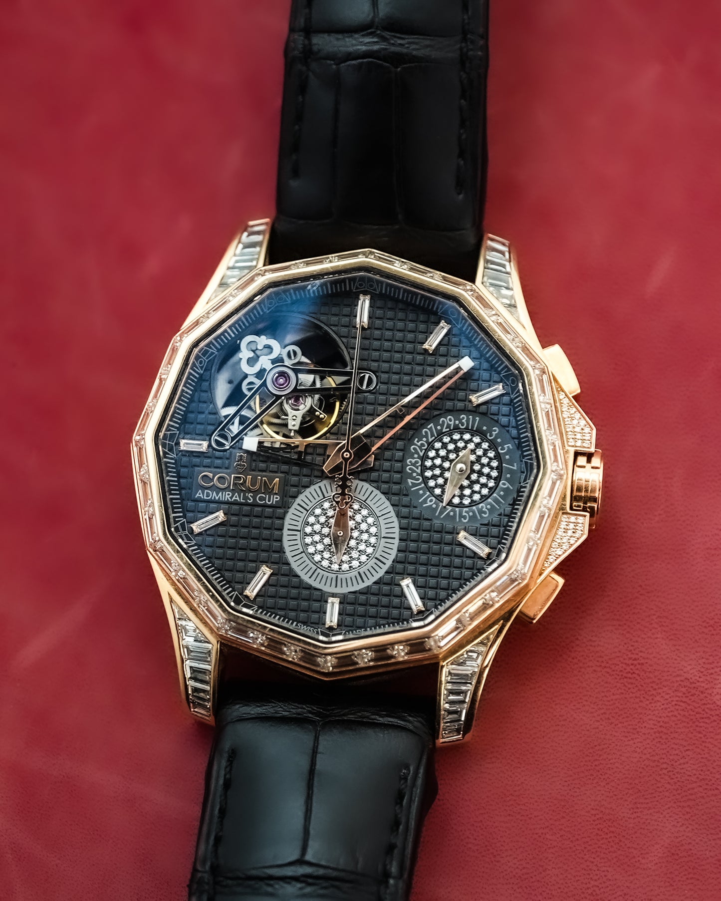 Corum Admiral’s Cup Seafender Tourbillon Chronograph Baguette Factory Diamonds  in 18K Solid Red Gold