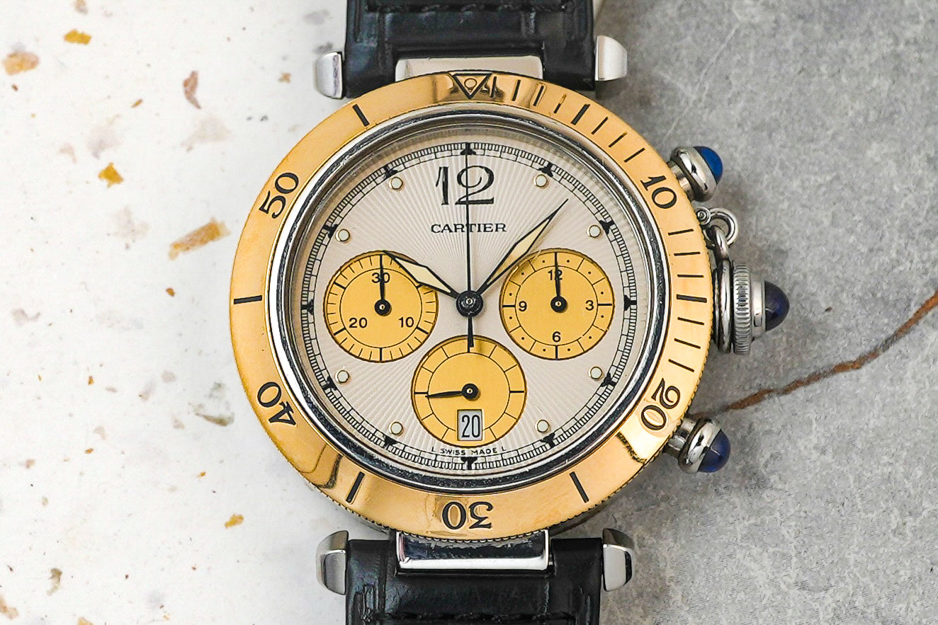 Cartier Pasha De Chronograph Two Tone 18K Solid Yellow Gold Bezel Quartz 38mm 1050 1032