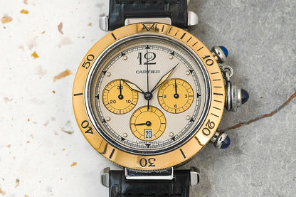 Cartier Pasha De Chronograph Two Tone 18K Solid Yellow Gold Bezel Quartz 38mm 1050 1032