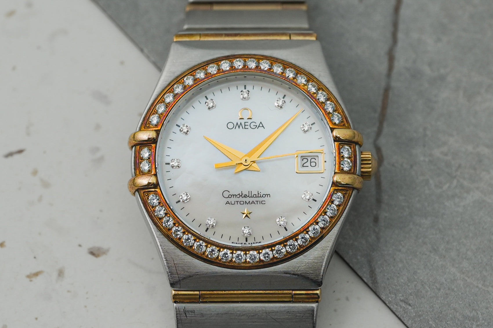 Omega Constellation MOP Mother of Pearl Two Tone Yellow Gold Factory Diamonds Automatic 1396.75.00 1306.75