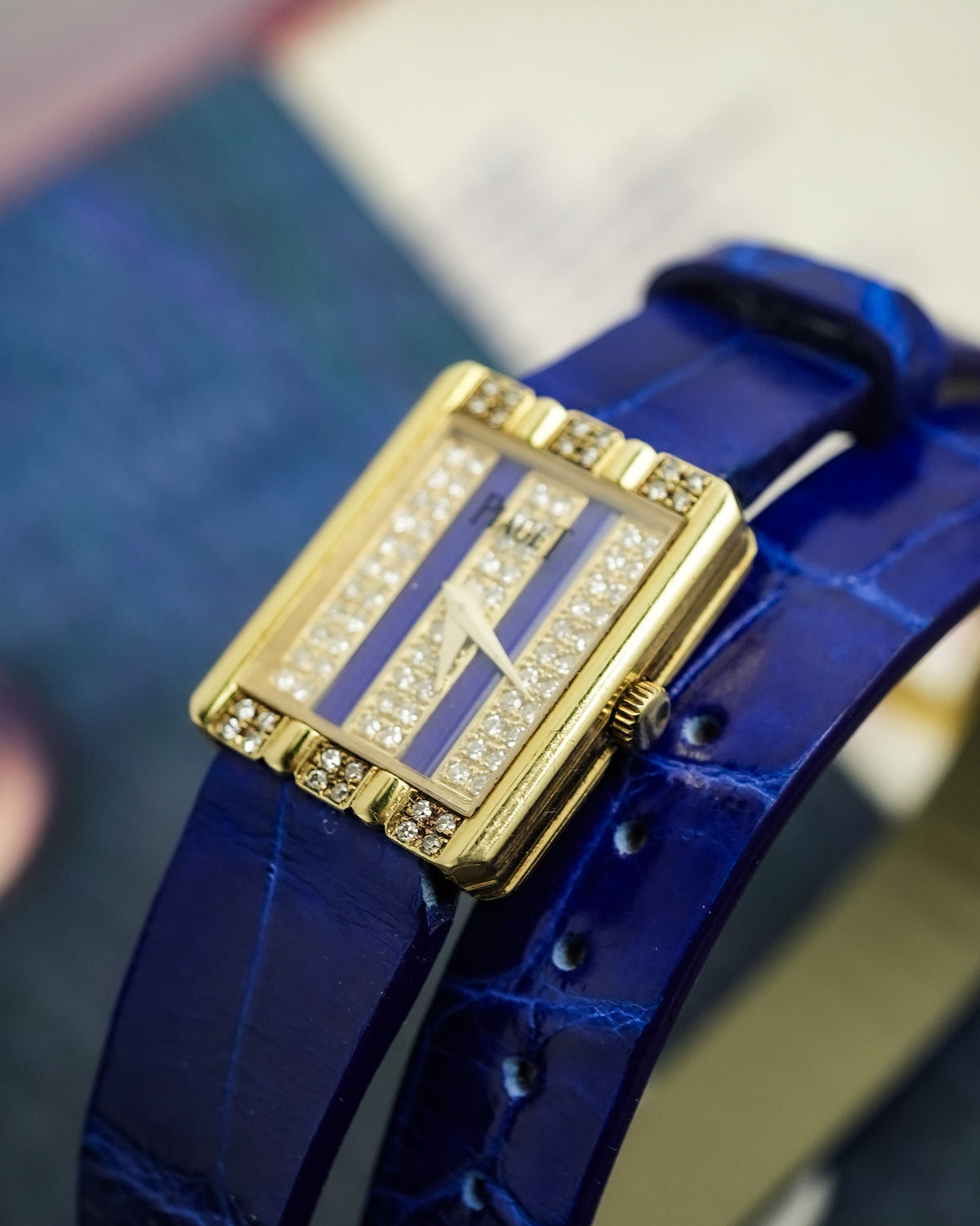 Piaget Protocol Lapis with Factory Diamonds Quartz in 18k Solid Yellow Gold