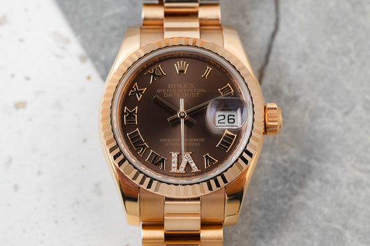 Rolex Datejust Ladies 26mm Roman Factory Diamonds Chocolate Dial in 18K Solid Rose Gold Lady 179175